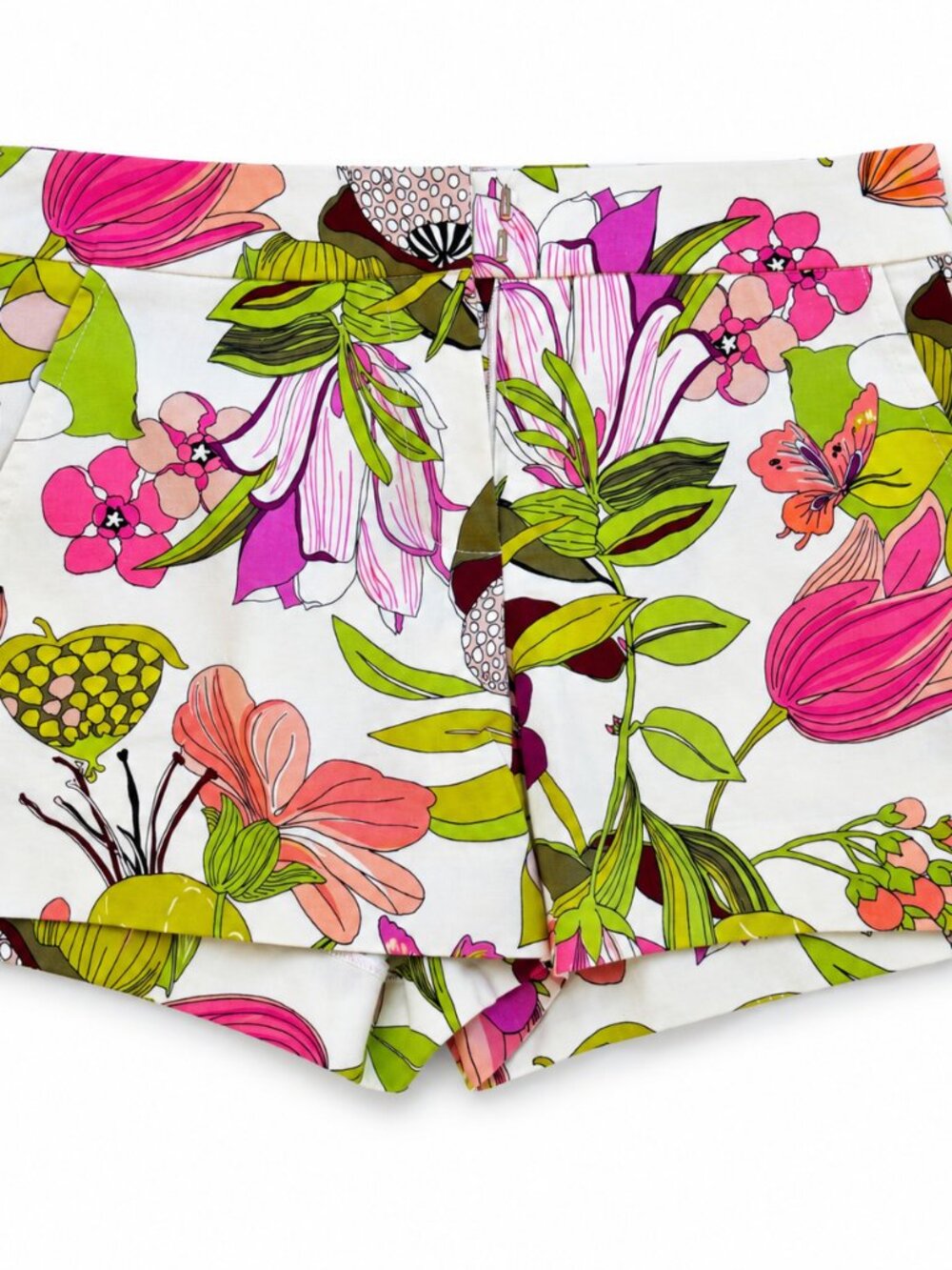 Trina Turk Floral Print Shorts Size 2 Cream Pink Lime Retro Butterfly